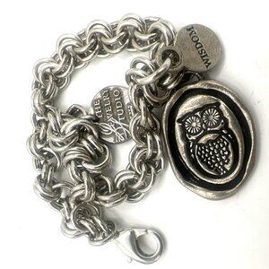 Charm Bracelet Owl Wisdom Pendant Double Link Silvertone Chain Lobster Clasp